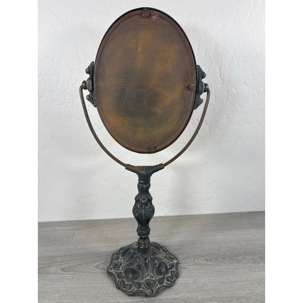 Antique Victorian Art Nouveau Style Cast Metal Swivel Vanity Mirror Ornate Oval